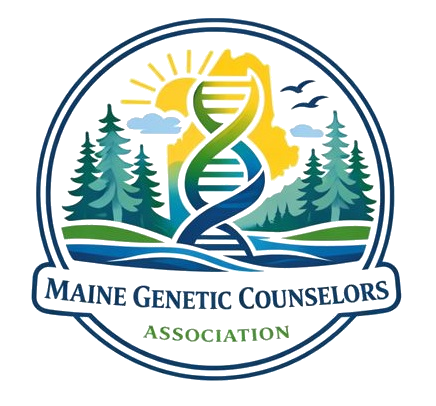 Logo for Maine Genetic Counselors Association featuring a DNA helix, trees, sun, and clouds.