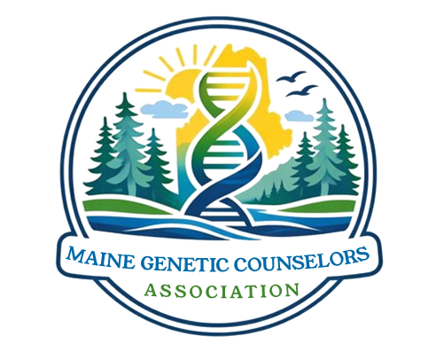 Logo for Maine Genetic Counselors Association featuring a DNA helix with trees, mountains, a sun, clouds, and birds