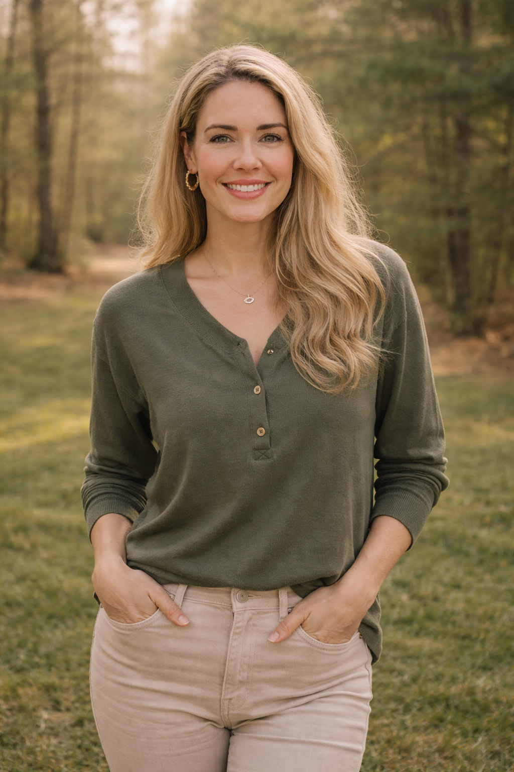 A smiling woman with long blonde hair, wearing a green long-sleeve shirt and beige pants, standing outdoors in a park with green trees and grass.