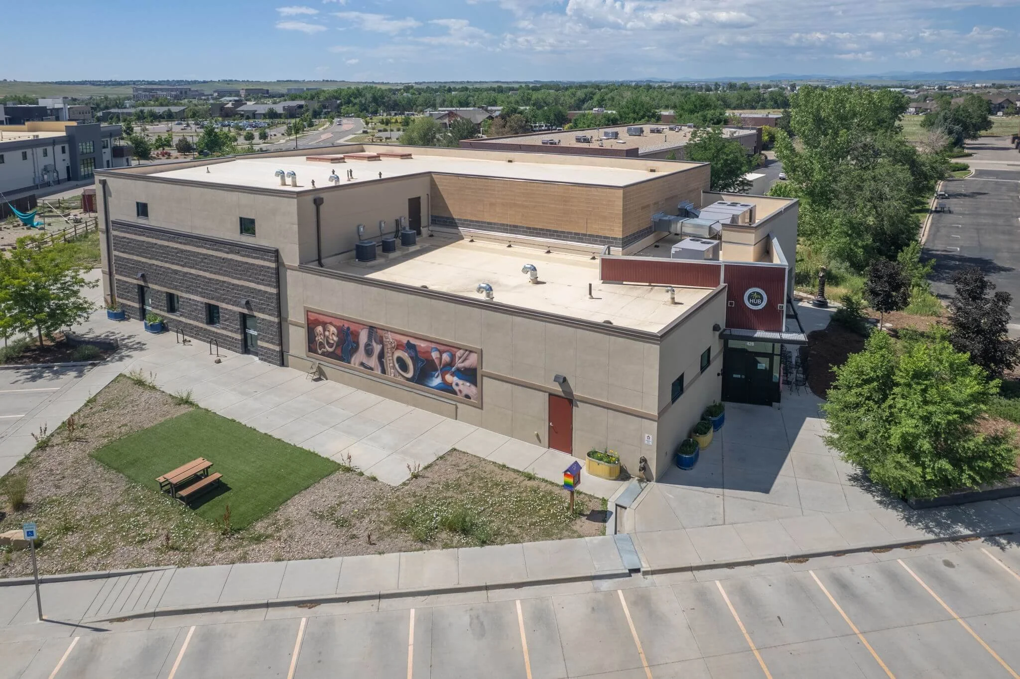 Aerial view of the Arts Hub theater and coworking space.