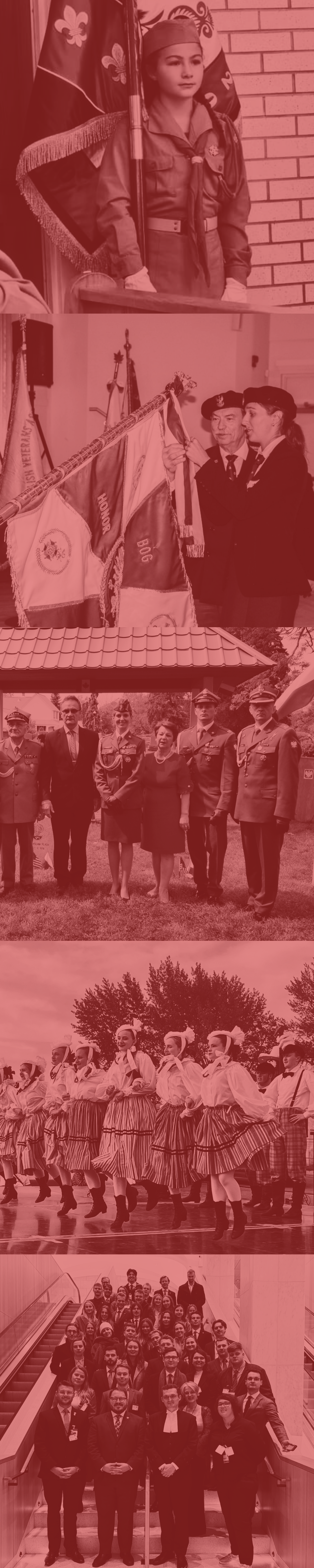 A collage of historical and cultural photos, including a Girl Scout in uniform, two women holding flags, a group of military officers and civilians, dancers in traditional attire, and a professional group photo.
