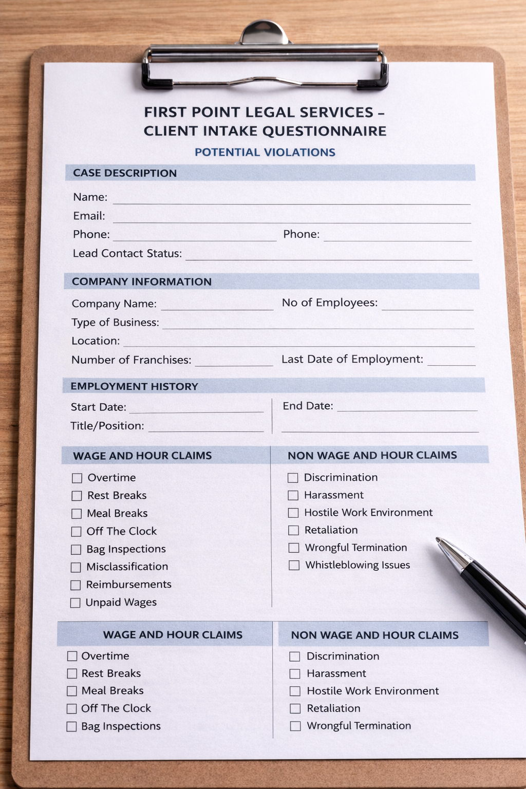 Blank intake questionnaire for wage and hour claims and employment civil rights violations