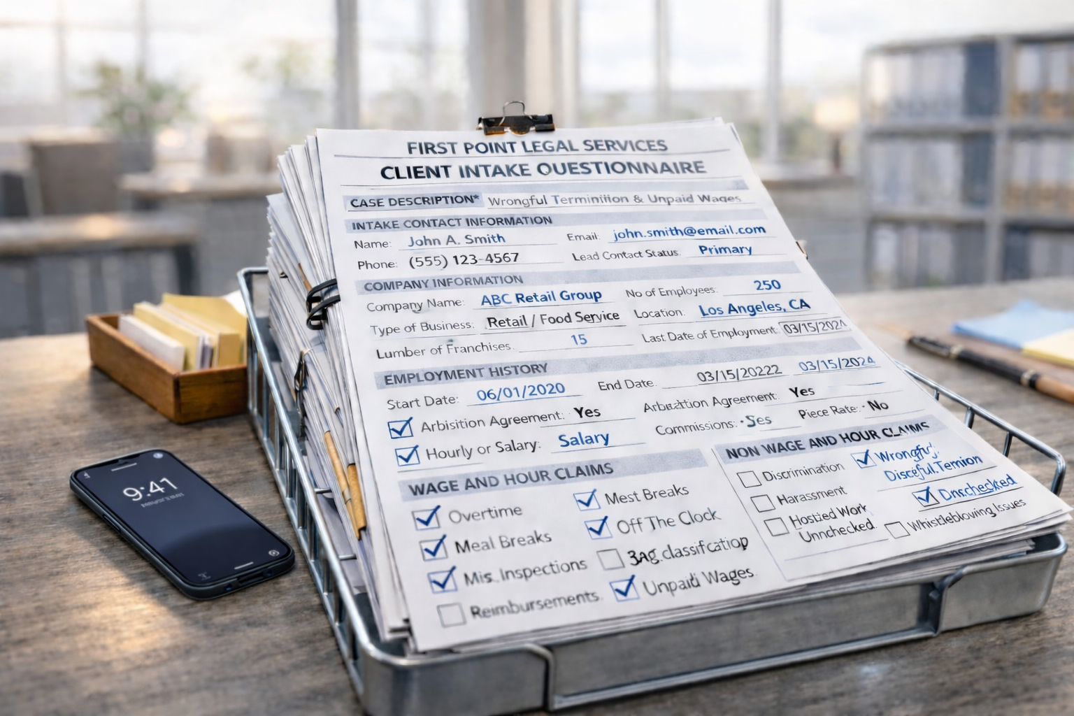 Several completed intake questionnaires