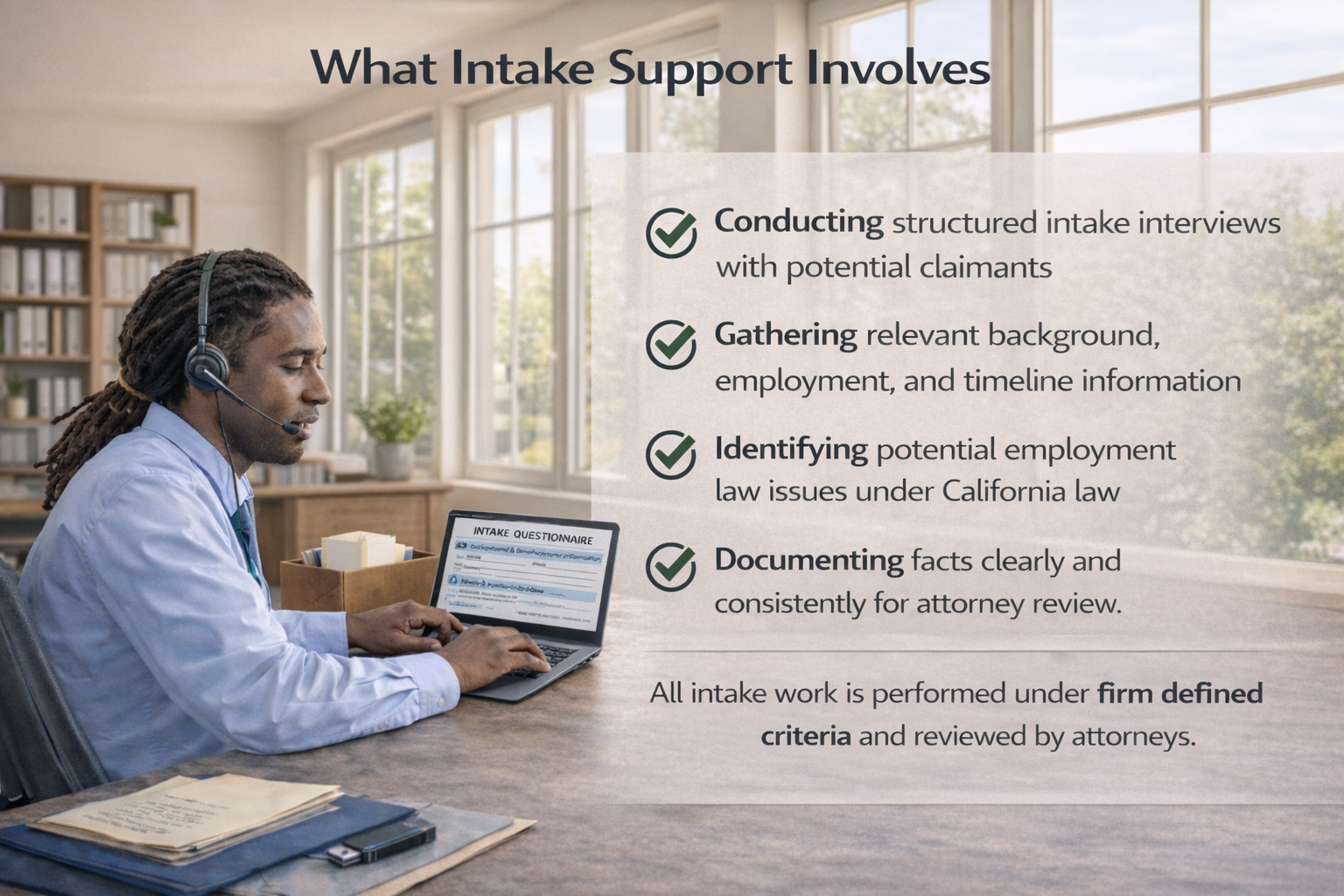 Professional intake specialist conducting intake interview phone call