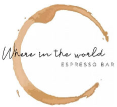 Logo with a coffee cup stain circle and text 'Where in the world Espresso Bar'
