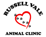 Russell Vale Animal Clinic logo with a red heart outline and paw prints inside