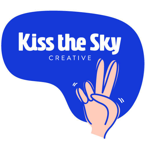 Blue speech bubble with white text that says "Kiss the Sky Creative" and a hand forming a peace sign.