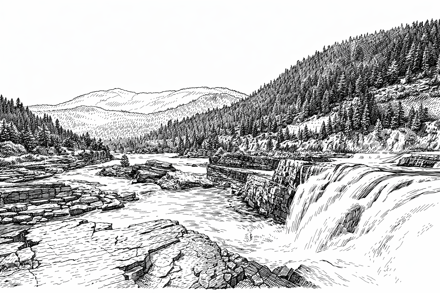 Black and white sketch of a mountainous landscape with a river flowing over a small waterfall surrounded by trees and rocky terrain.