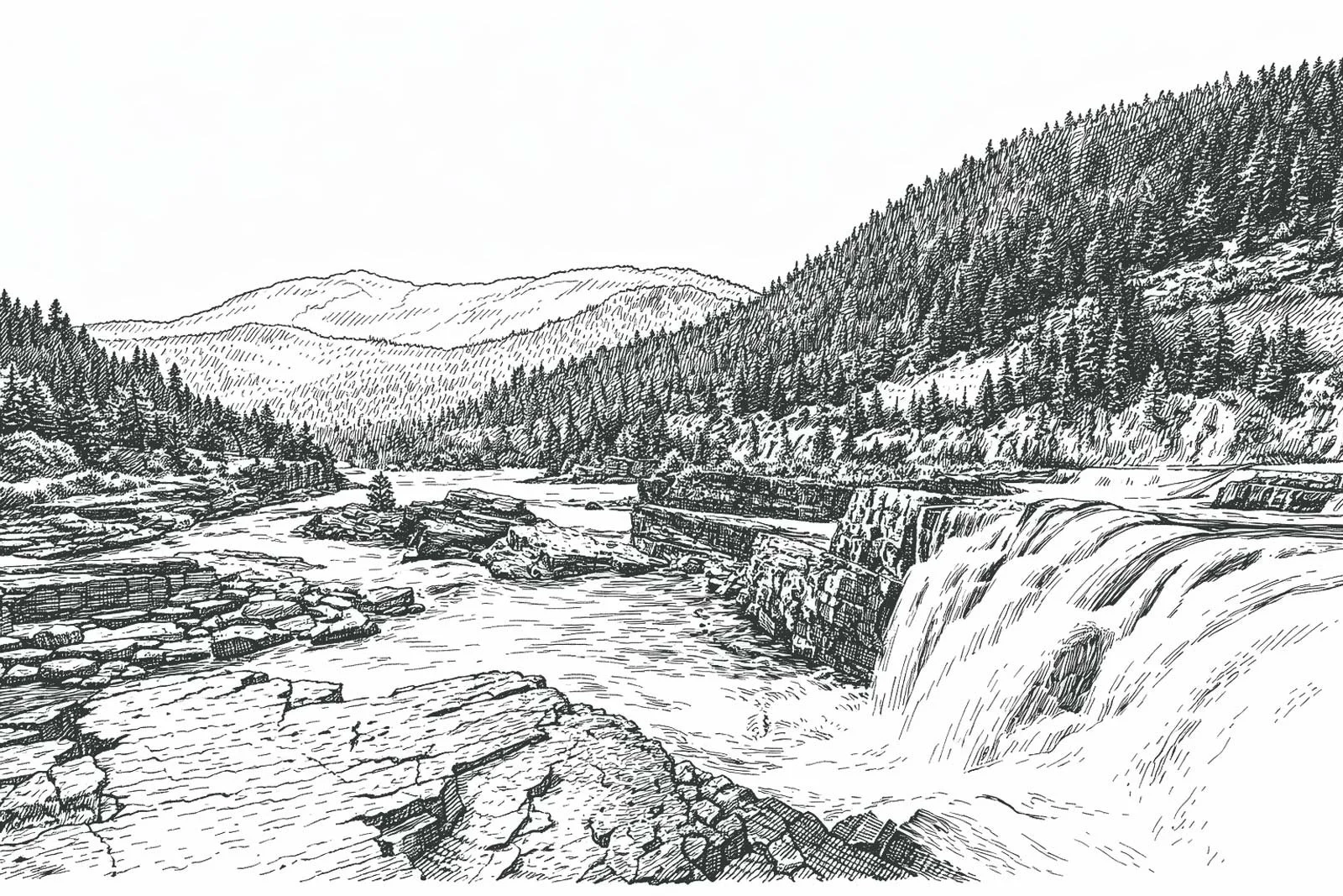 A black and white sketch of a river flowing over a dam with mountains and trees in the background.