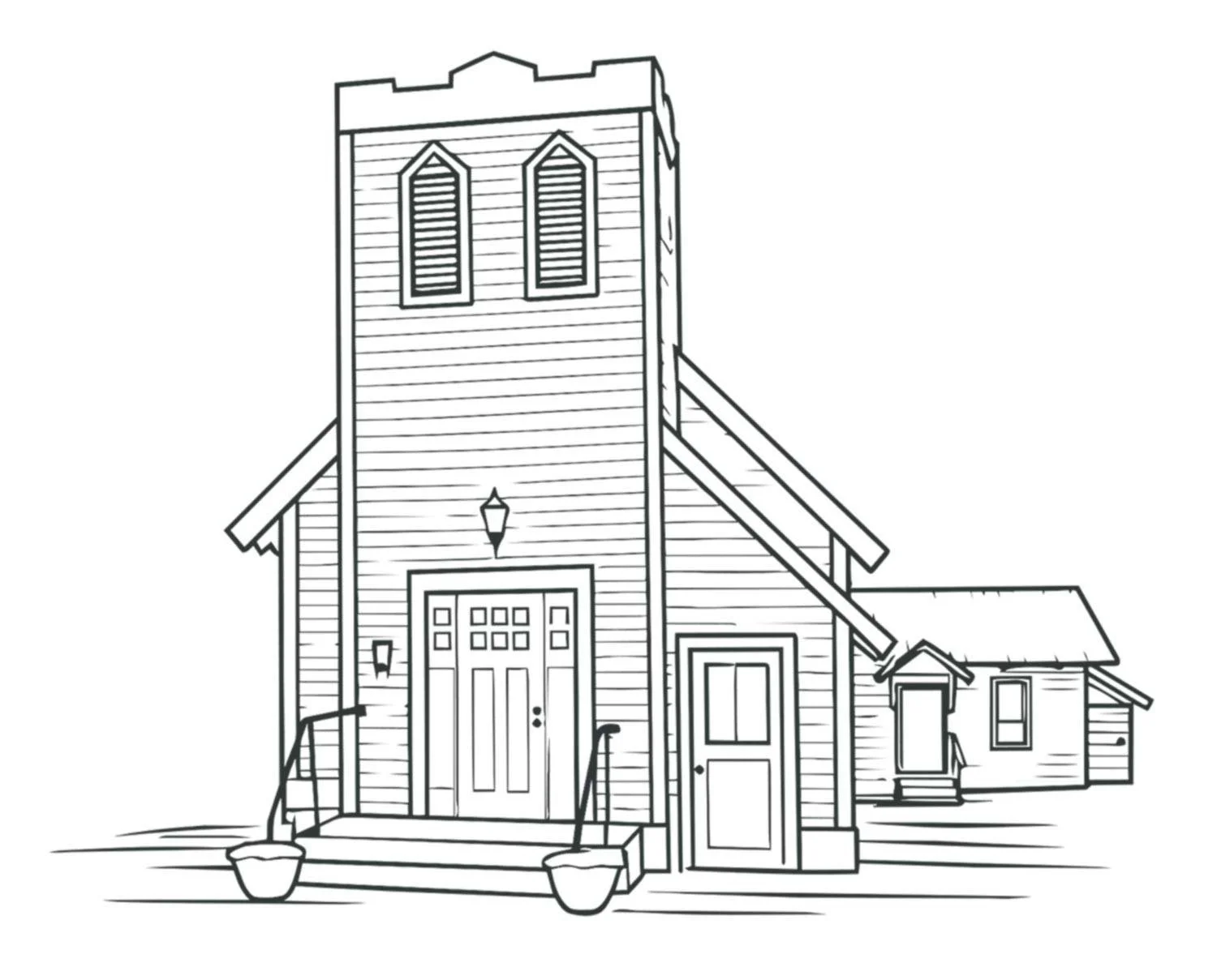 Line drawing of a house with a tall tower, stairs, door, and windows.