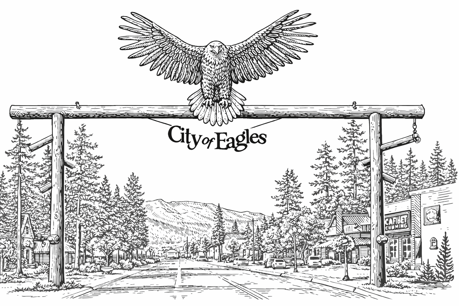 Black and white illustration of a city entrance with a large eagle perched on a wooden sign that reads 'City of Eagles', with a background of trees, hills, buildings, and parked cars.