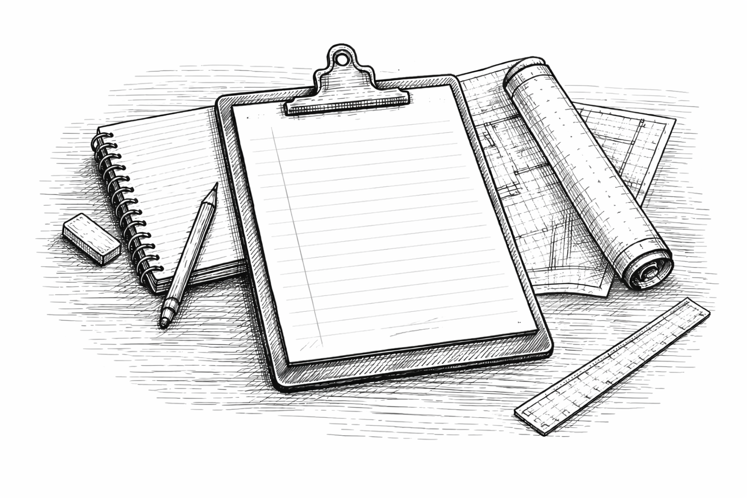 Sketch of a workspace with a clipboard, rolled architectural plans, a notepad, a pen, an eraser, a ruler, and additional rolled blueprints.