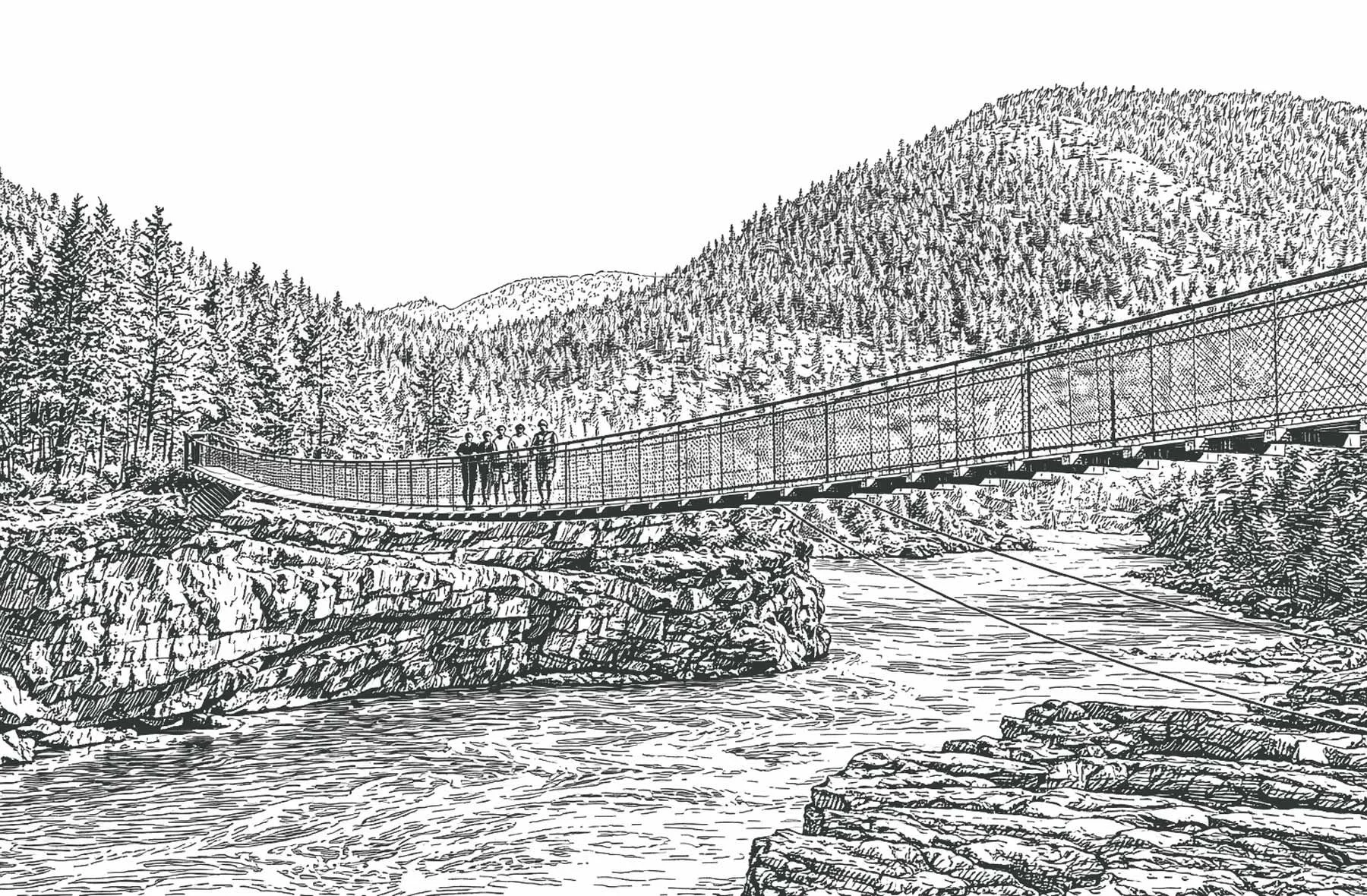 Black and white drawing of a suspension bridge over a river, with five people walking on it, surrounded by trees and mountains.