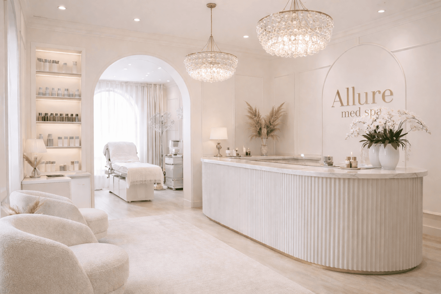 Elegant spa reception area with chandelier lighting, white chairs, reception desk with flowers, and treatment room with chair in the background.