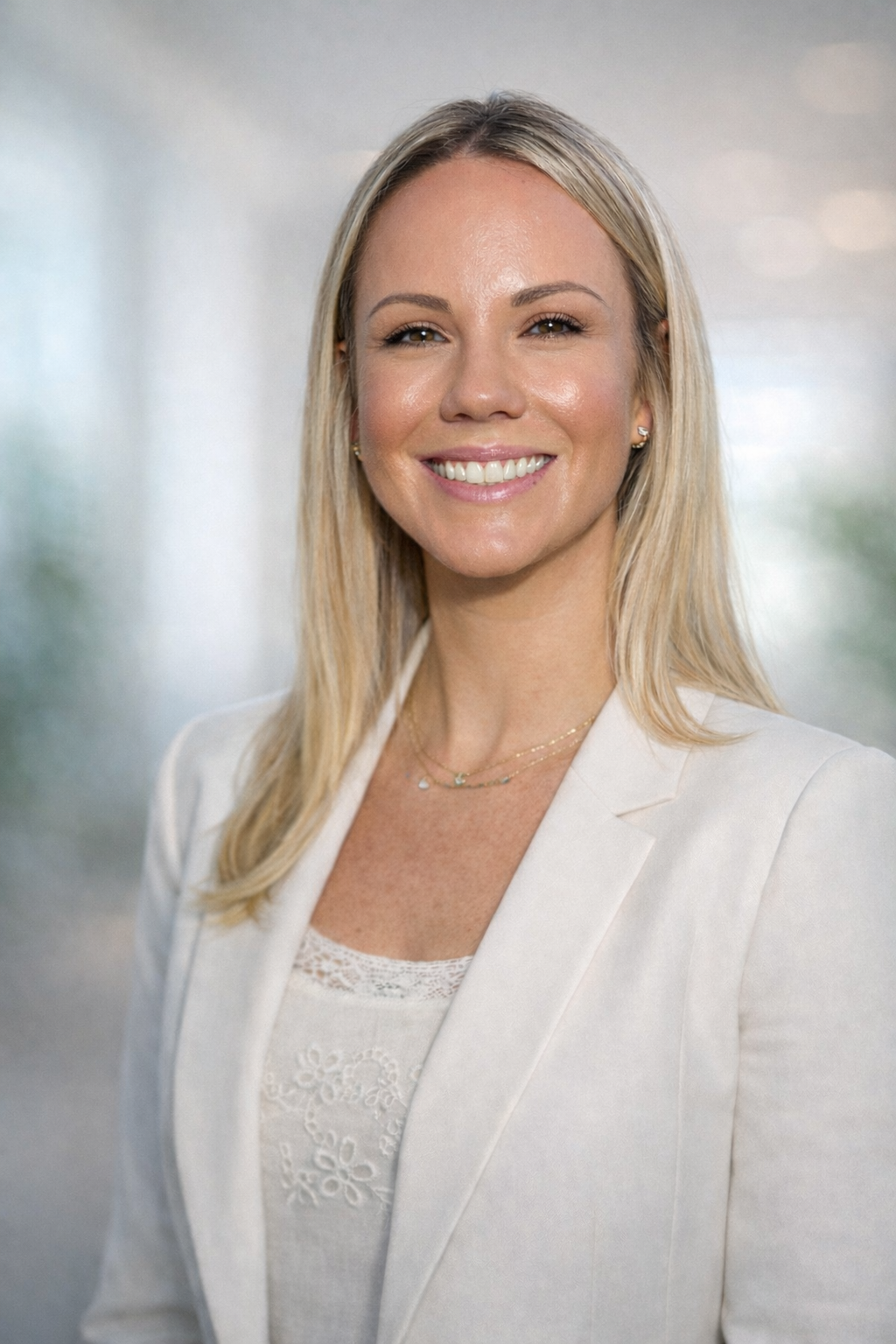 Headshot of a smiling woman with blonde hair wearing a white blazer and delicate jewelry, standing outdoors with soft background lighting.