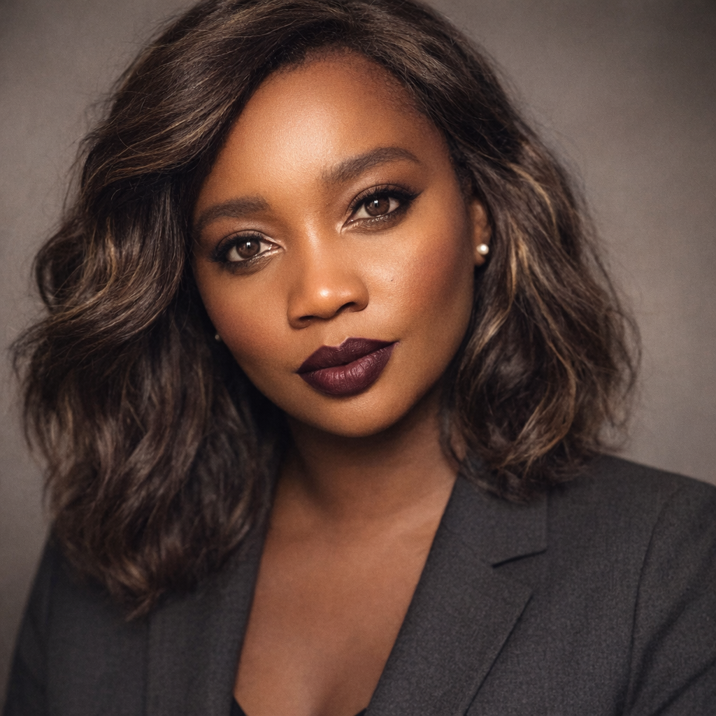 A young woman with curly dark brown hair wearing a black blazer and pearl earrings, looking directly at the camera with a slight smile.