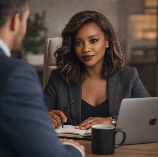 Businesswoman with dark hair and dark lipstick sitting at a desk, looking at a man, with a laptop, notebook, pen, and coffee mug in front of her.