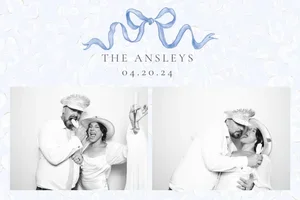 Black and white photo of a couple with a white backdrop. The woman is wearing a hat and the man is wearing sunglasses. They are smiling and embracing. Above, there is a decorative blue ribbon with the text 'The Ansleys 04.20.24'.