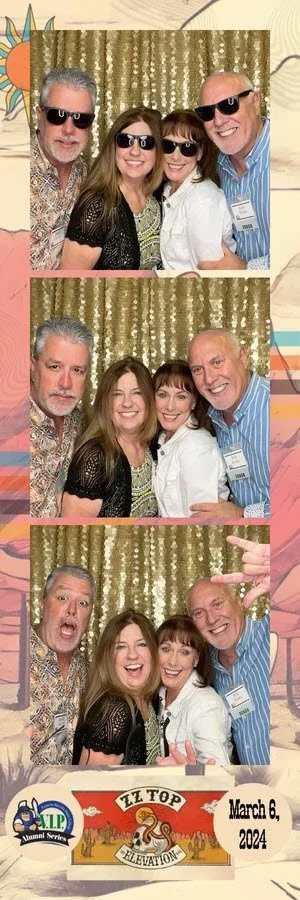 Photo strip of four cheerful people posing with sunglasses and fun expressions at a school event, with a gold curtain background, event date March 6, 2024, and logos for an alumni service and a top elevation event.