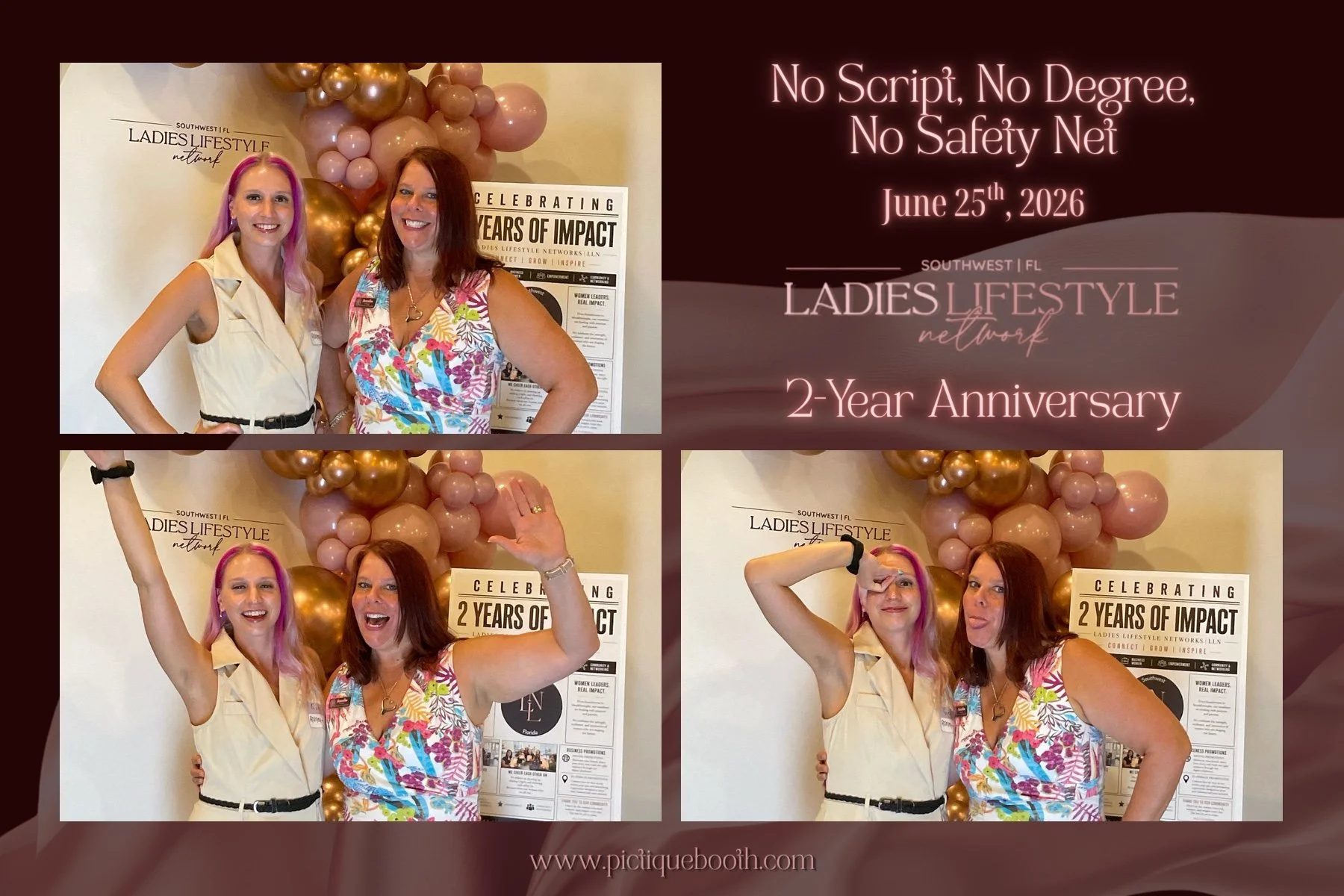 Two women smiling and making playful gestures in front of a balloon arrangement and a promotional poster at the Ladies Lifestyle Network's 2-year anniversary event on June 25, 2026. One woman has pink hair and is wearing a beige sleeveless top, while the other has red hair and is wearing a colorful patterned dress.