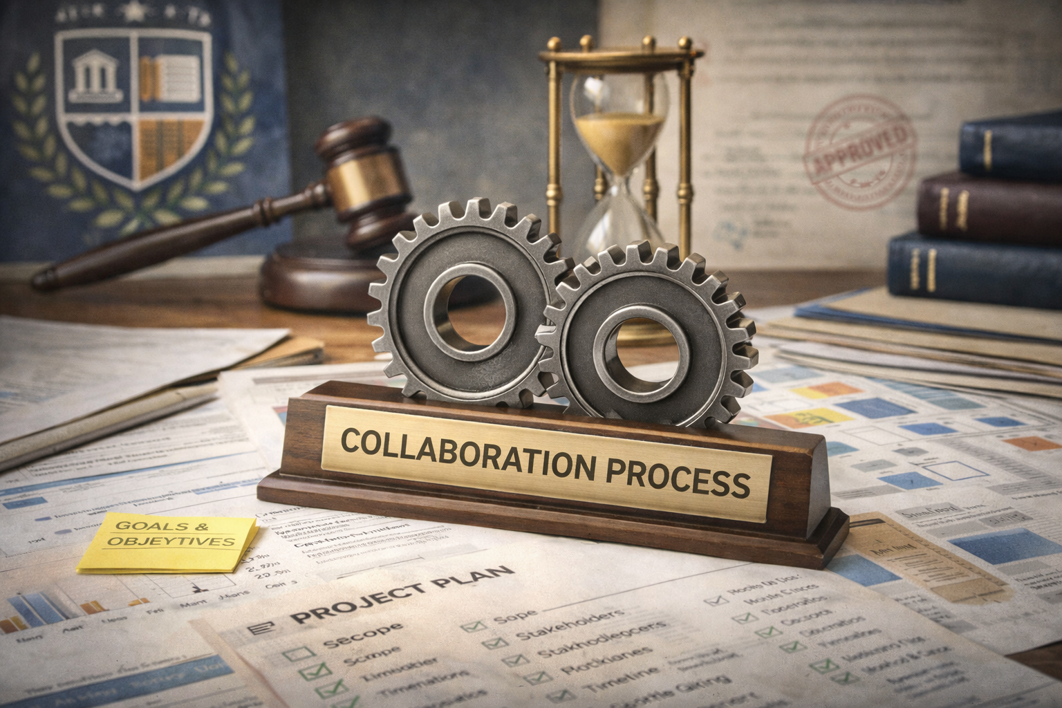 Desk with legal gavel, gears labeled 'Collaboration Process', hourglass, documents, books, a shield emblem, and a sticky note reading 'Goals & Objectives'.