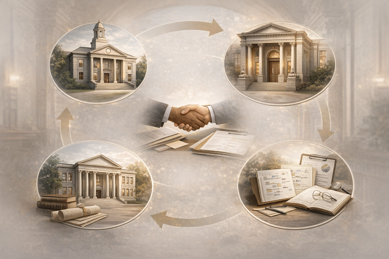 Illustration showing a process flow of building legal or government institutions, with images of courthouses and legal documents, centered around a handshake symbolizing agreement or partnership.