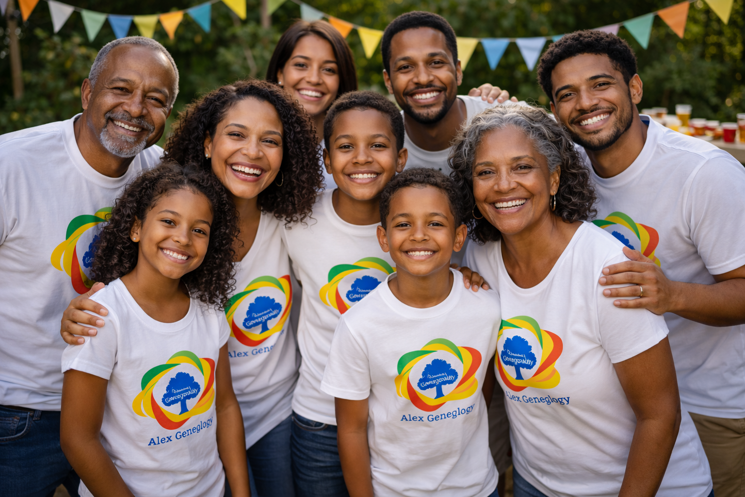 A diverse group of smiling people, including children and adults, gather outdoors at a celebration, wearing matching white T-shirts with a colorful logo and the text 'Alex Genealogy'. Colorful bunting decorates the background.