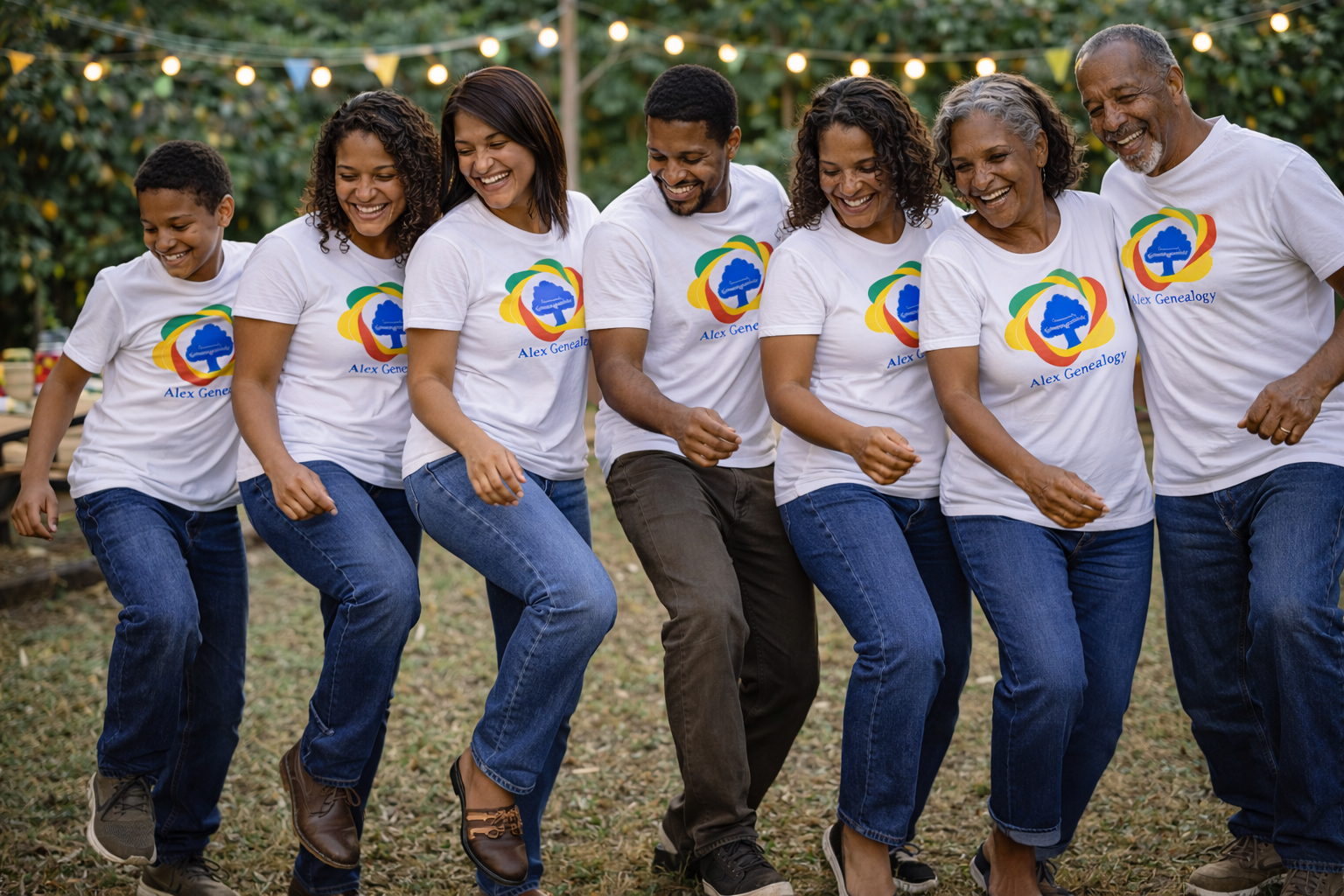 A multigenerational group of seven people wearing matching white t-shirts with a colorful logo that says 'Alex Genealogy,' participating in a line dance outdoors at dusk, with string lights hanging in the background.