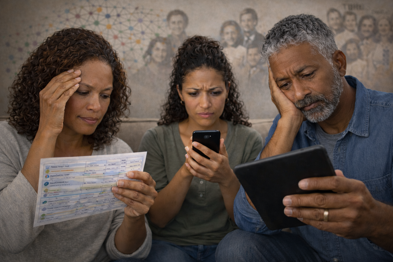 Three adults sitting close together looking at their smartphones with worried expressions, one holding a bill.