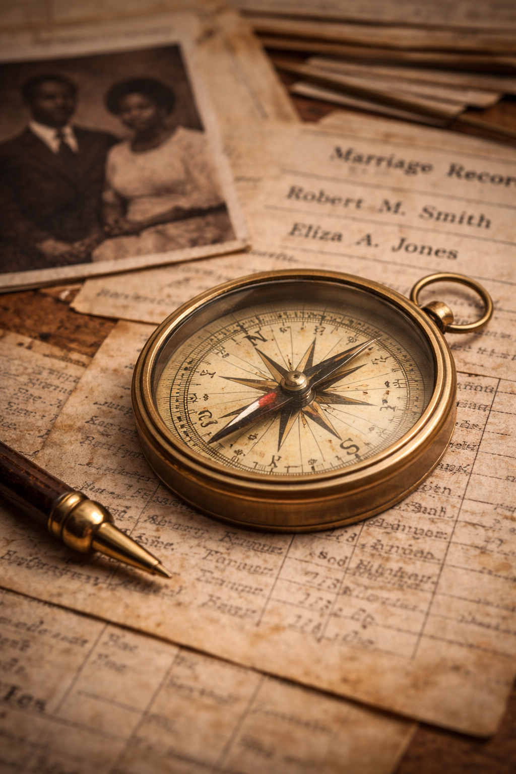 Vintage map, old photograph of a couple, handwritten marriage record, gold compass, and a pen on a wooden surface.