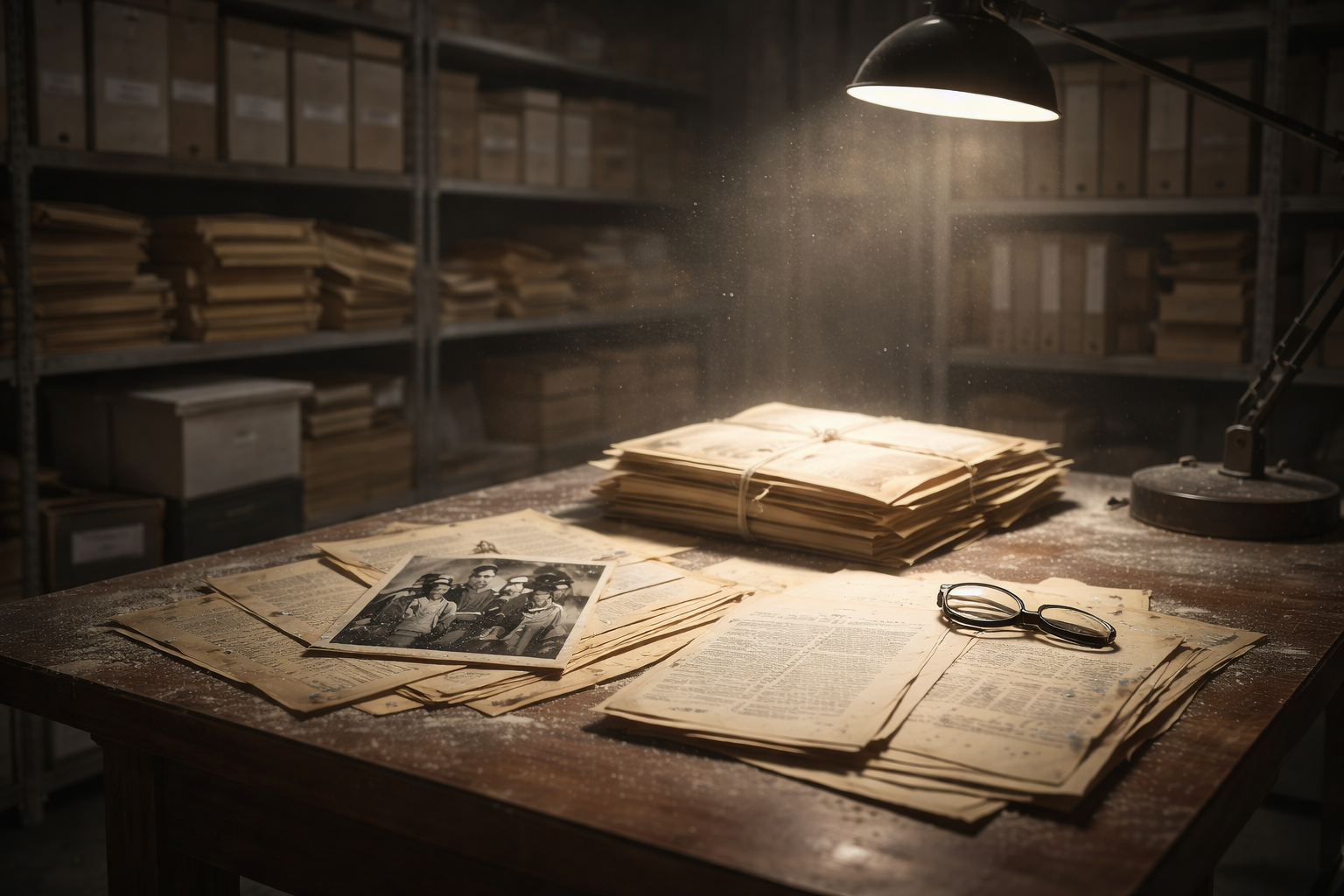 A dusty research desk with a pair of glasses, old photographs, and stacks of yellowed documents, illuminated by a desk lamp, in an archive storage room with shelves of labeled boxes in the background.