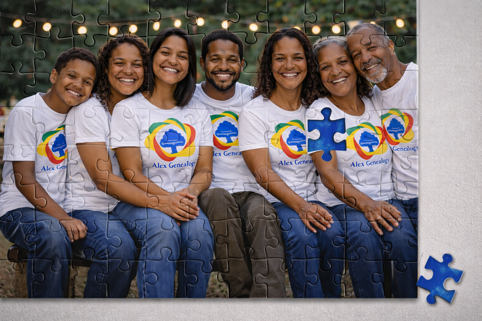 A diverse family group wearing matching 'Alex Genealogy' T-shirts, sitting closely and smiling outdoors during a family gathering, with string lights in the background.