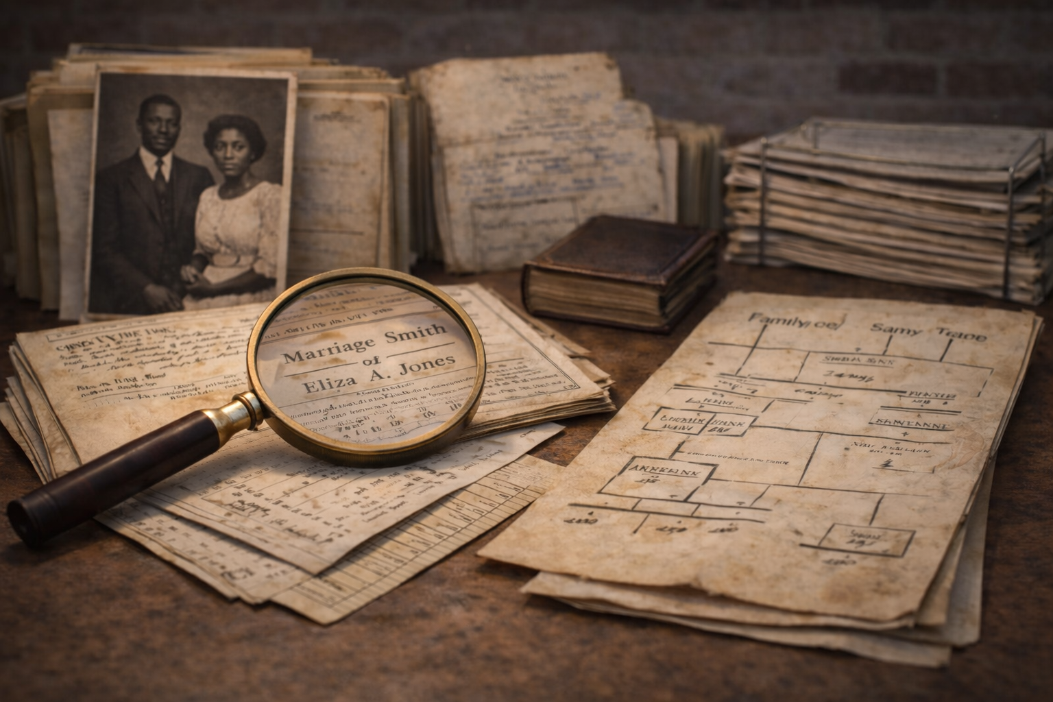 Old wedding documents, photographs, and handwritten genealogical charts spread on a wooden table, with a magnifying glass highlighting a marriage license for Eliza A. Jones.