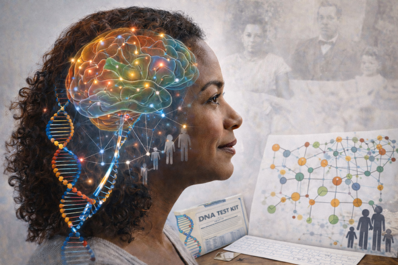 A woman facing right with an illustrated brain and DNA strand overlay, holding a DNA test kit, with a graph and family icons on paper in front of her.