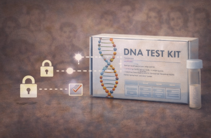 DNA test kit with a box, test tube, and icons representing DNA and data security.