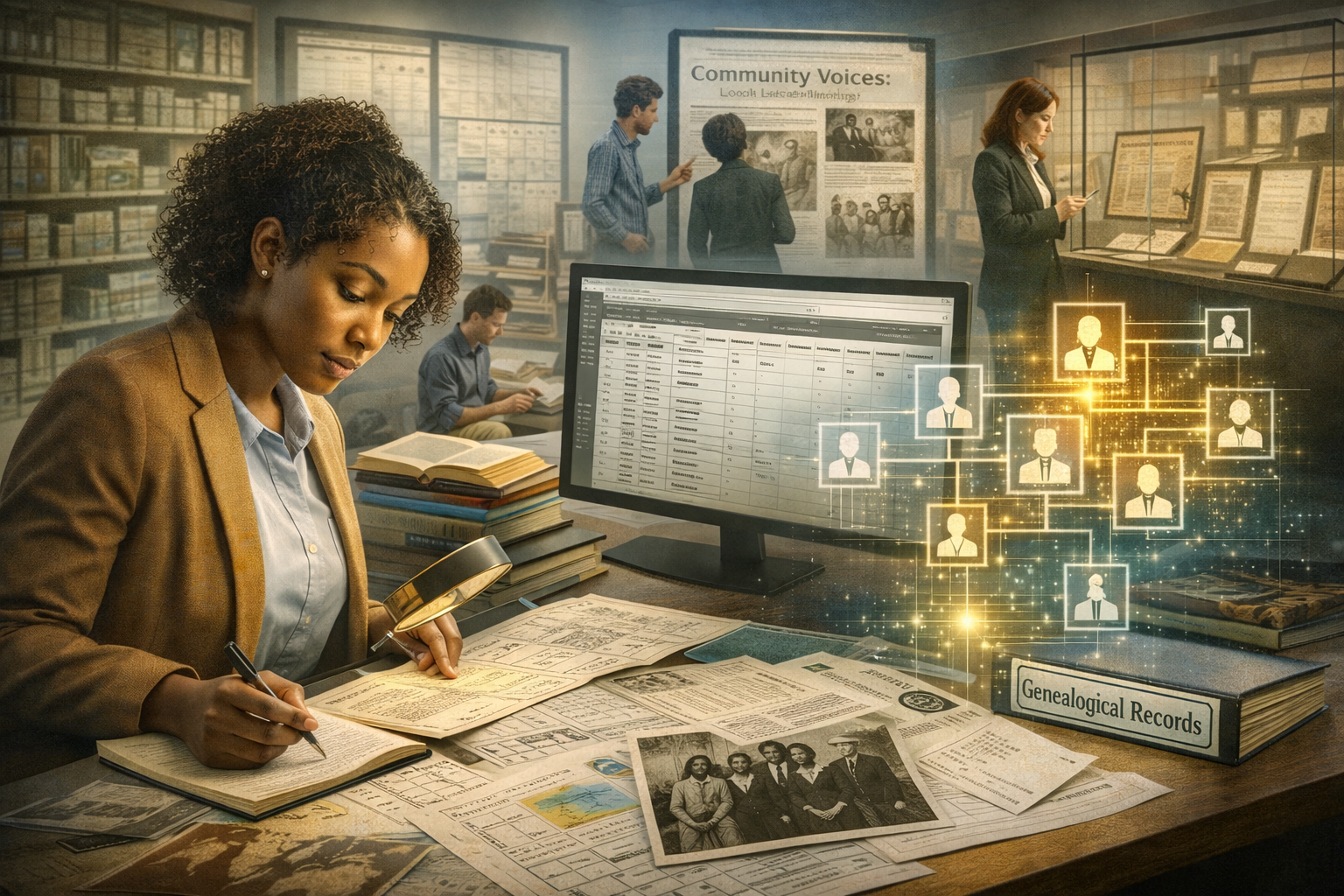A woman conducting genealogical research indoors, examining old records and photographs with a magnifying glass, surrounded by stacks of documents and in front of a computer with a family tree visualization.