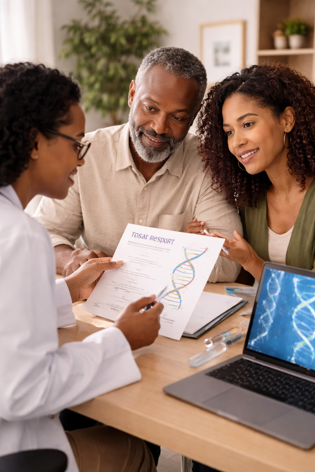 A doctor shows a DNA test report to a middle-aged couple in a medical office.