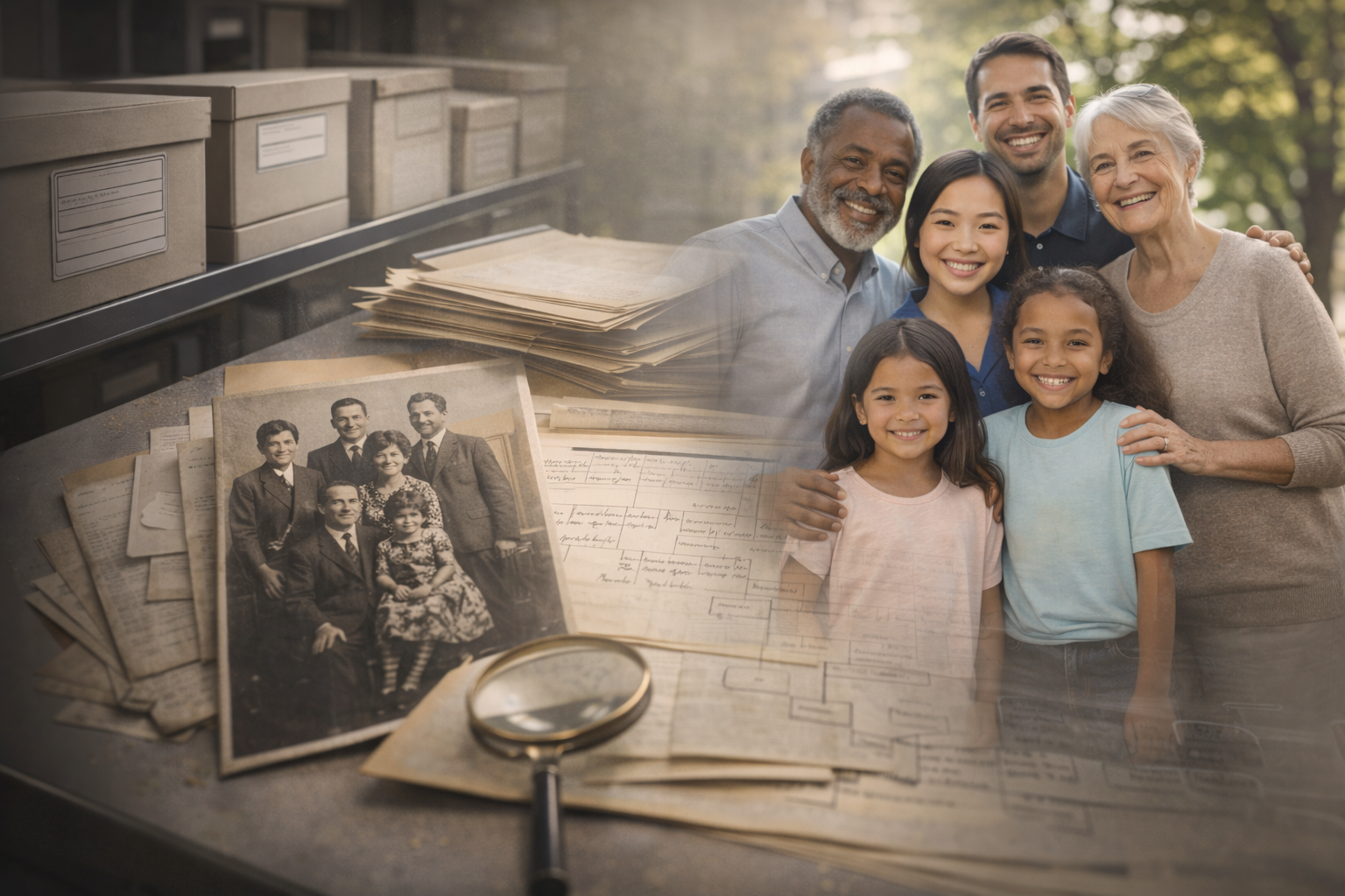 A family photo showing six people, including children, older adults, and middle-aged adults, smiling outdoors in a park with green trees, superimposed over vintage documents, photographs, and a magnifying glass on a desk.