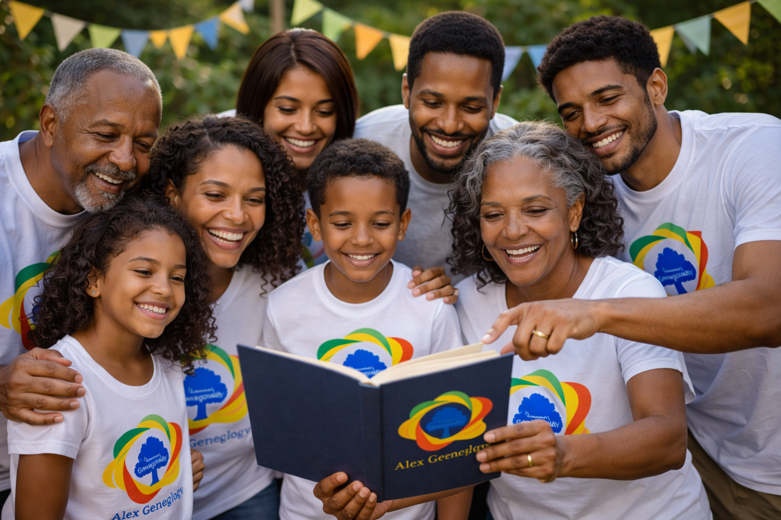 Multi-generational Creole family looking at photo album together outdoors, smiling and enjoying time.