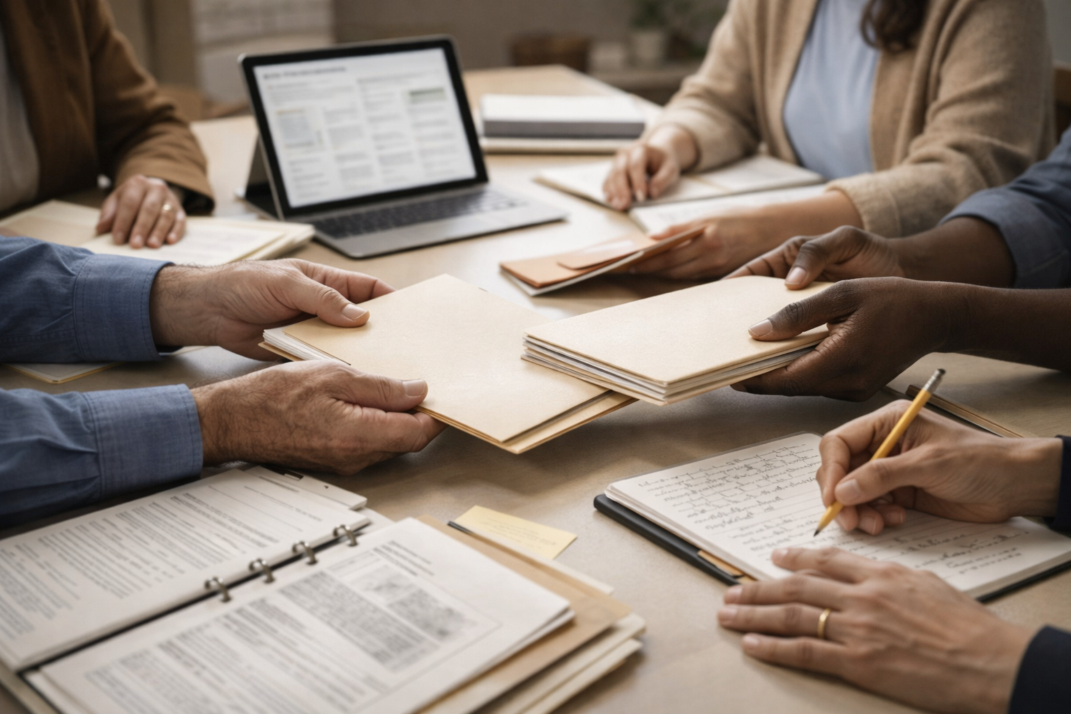 People working together at a meeting, handling folders, papers, and a tablet.