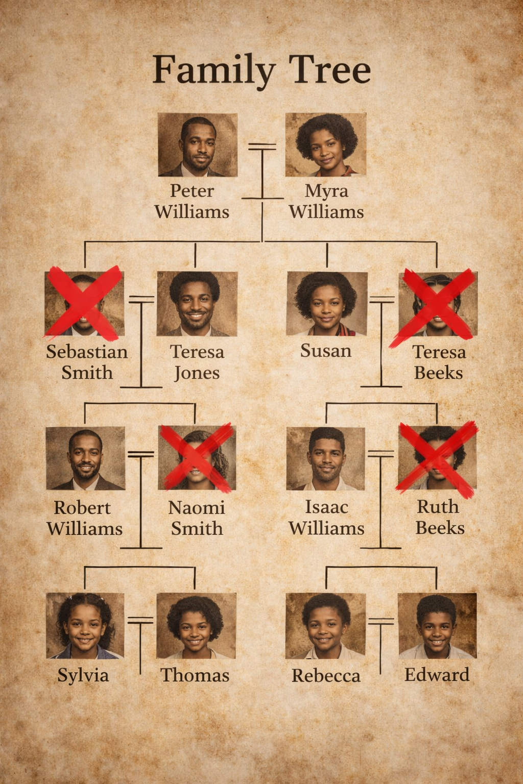 A family tree diagram with photographs of family members, including grandparents, parents, children, and grandchildren, some marked with red crosses.