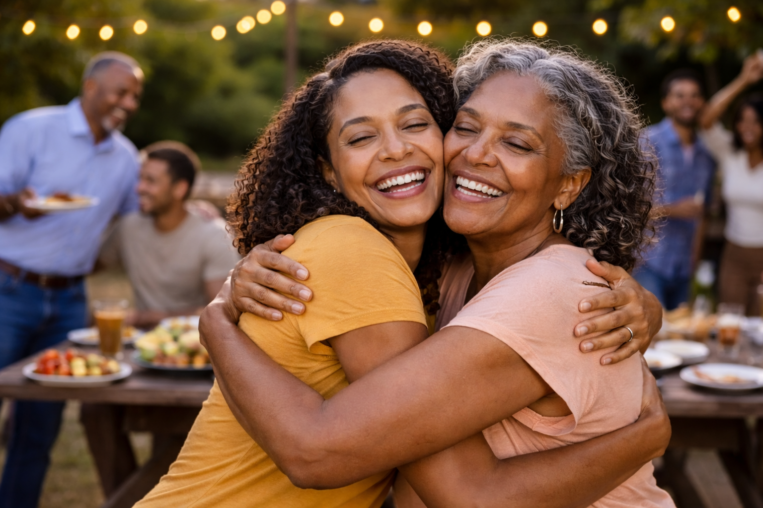Two women hugging and smiling at an outdoor gathering with friends and food in the background.