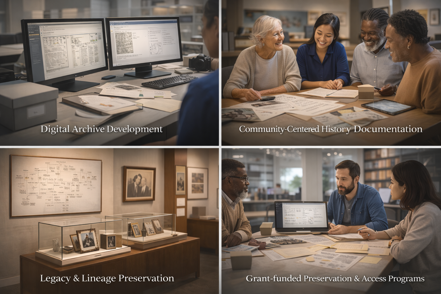 A collage of four images depicting different aspects of historical preservation: top left shows a digital archive development workspace with dual monitors, papers, and a camera; top right shows a diverse group of people discussing community history at a table with documents and tablets; bottom left shows a museum display of historical photographs and artifacts with framed pictures on a wall; bottom right shows a meeting of two people reviewing documents and a computer screen with preservation and access programs.