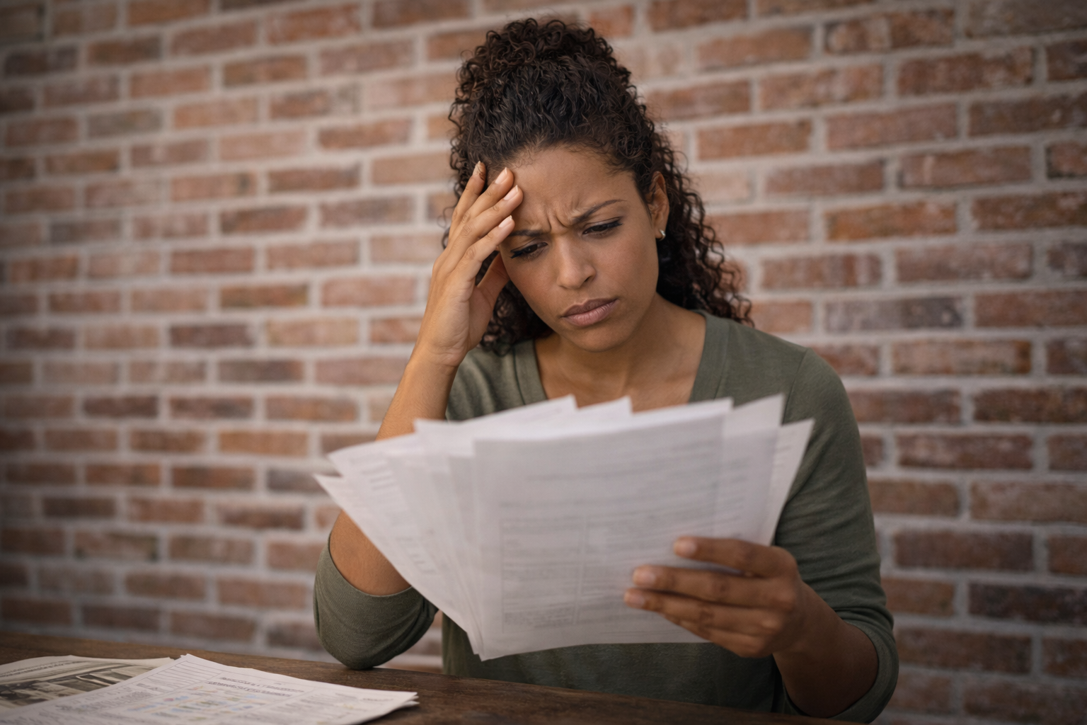 Woman with curly hair looking confused or stressed while reading multiple sheets of paper at a wooden table against a brick wall.