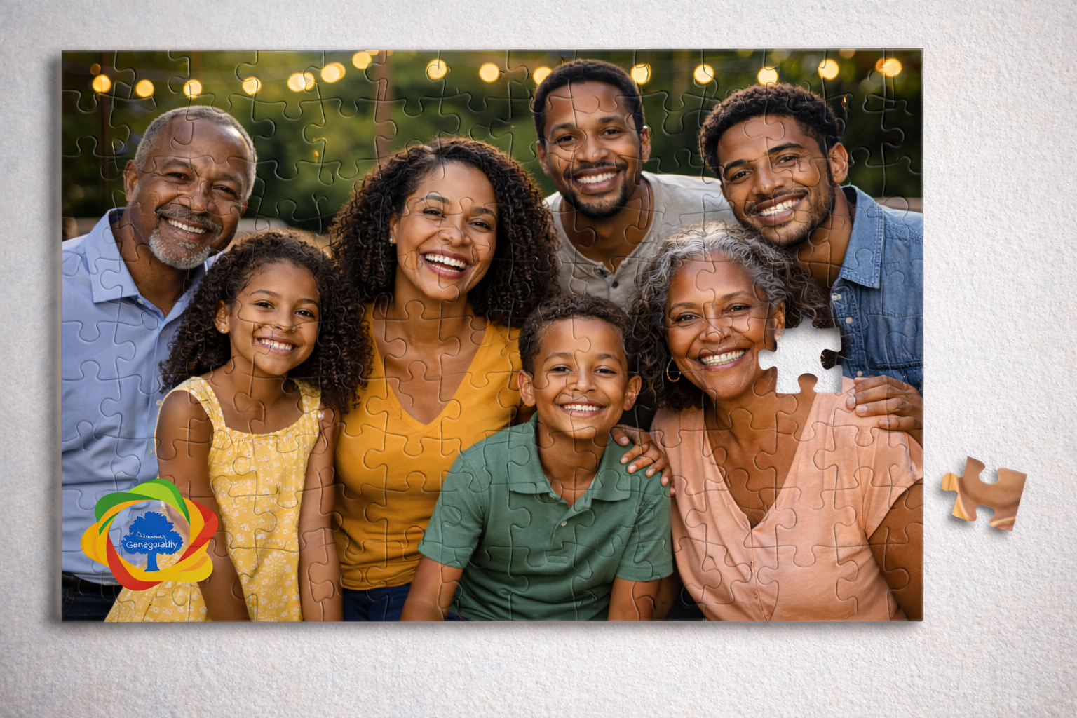 A puzzle featuring an image of a multigenerational family smiling outdoors, with a 'Diversity & Genequity' logo in the bottom left corner.