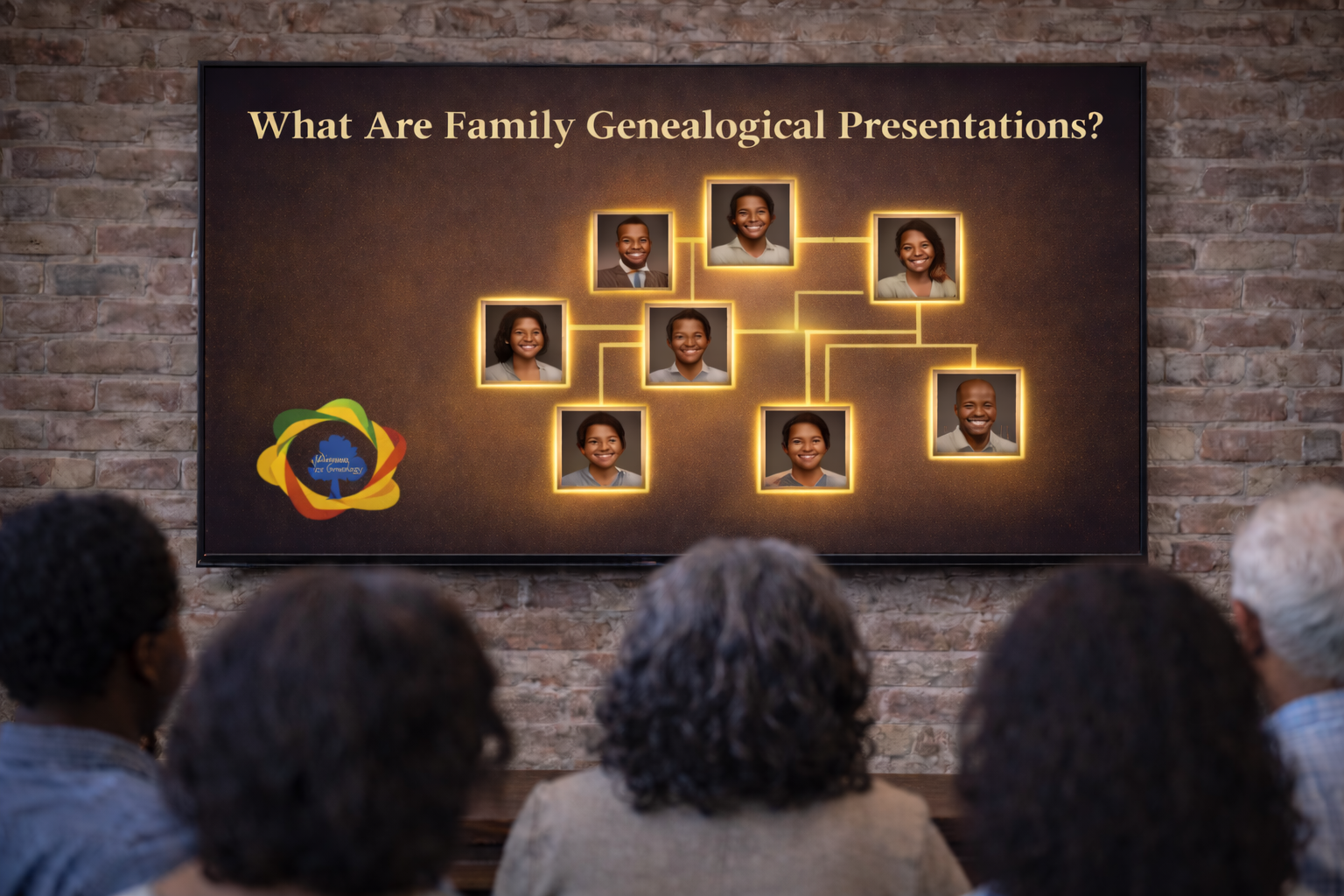 A presentation slide titled 'What Are Family Genealogical Presentations?' showing a family tree with photos of eight individuals connected by yellow lines, in front of an audience.