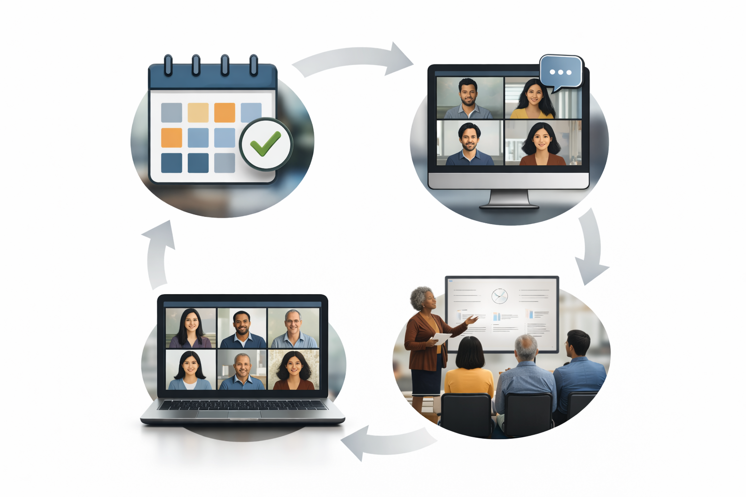 A flowchart illustrating a virtual meeting process: a calendar with a check mark, a video conference with four participants, a large presentation screen with a speaker and attendees, and a group video call on a laptop, all connected by directional arrows.