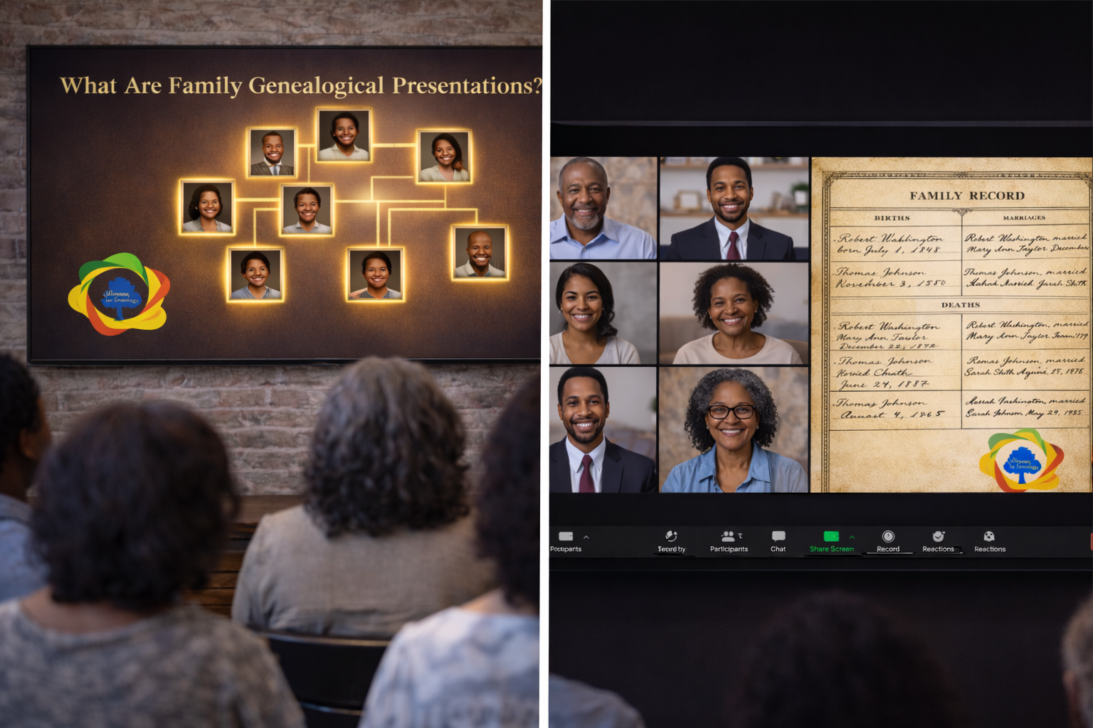Split image showing a physical presentation on family genealogical history with a family video conference call.