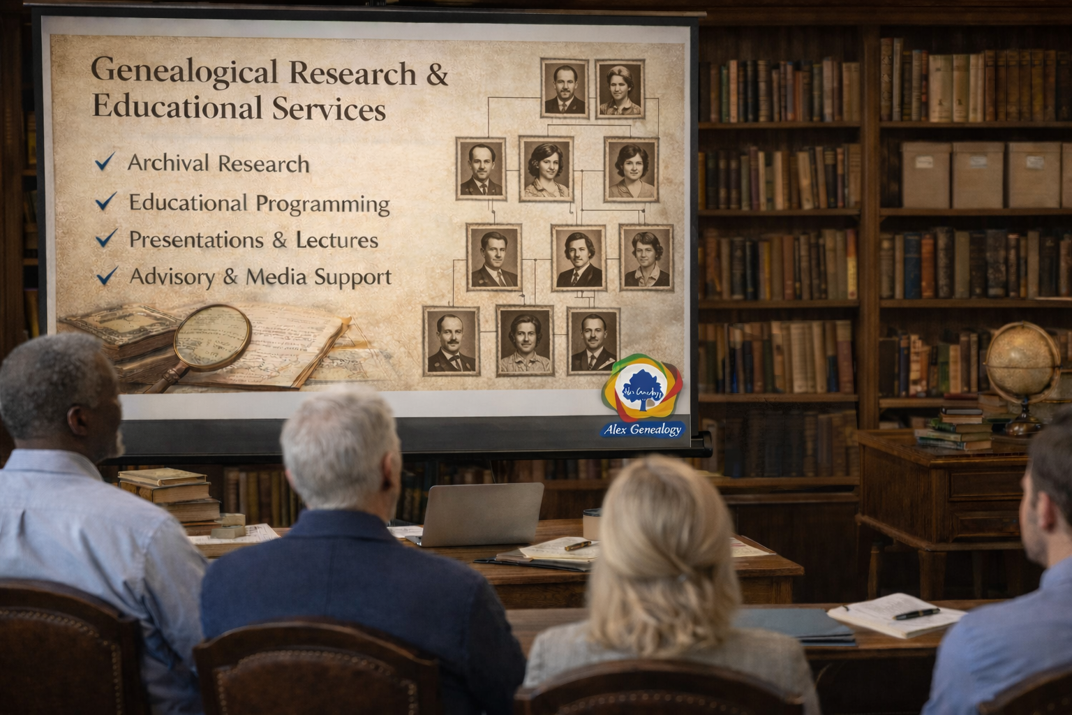 Presentation slide displaying genealogical research and educational services with a family tree, checklist of services, and historical documents with a magnifying glass. Audience of four people watching in a library setting.