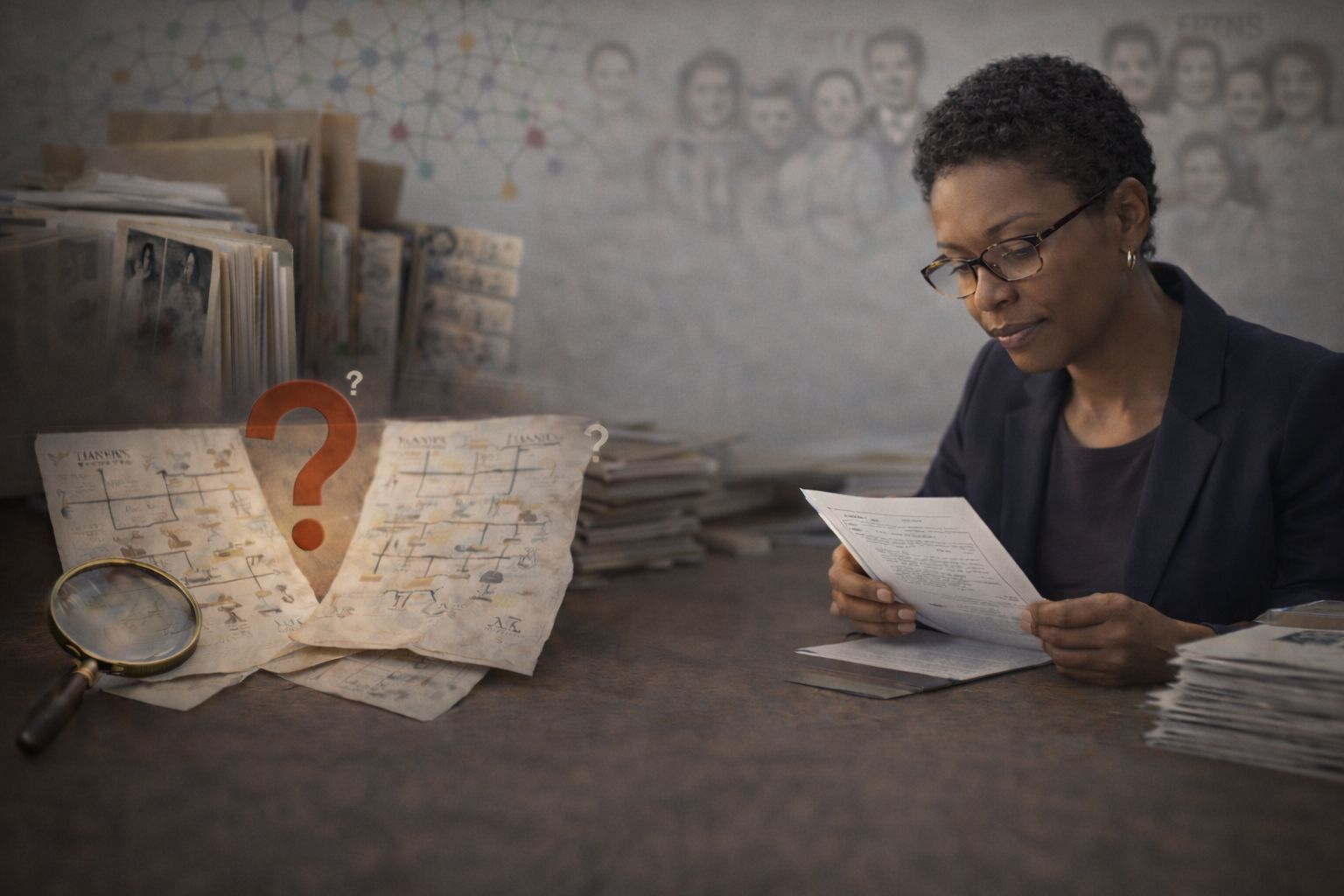 Woman with glasses examining documents at desk, surrounded by stacks of papers, with a magnifying glass and mysterious maps or papers with questions marks and illustrations, in an office or investigative setting.